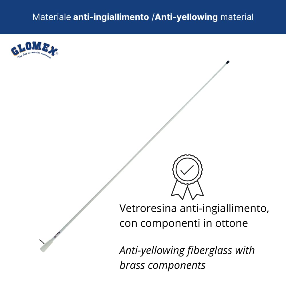 Glomex – Antenna VHF "Basic Line" 1,5m (Bianco), Modello RA400 – Include Cavo 4,5m, Boccola Nylon, 3dB, DC Ground, Per Barche a Motore – Qualità Conveniente