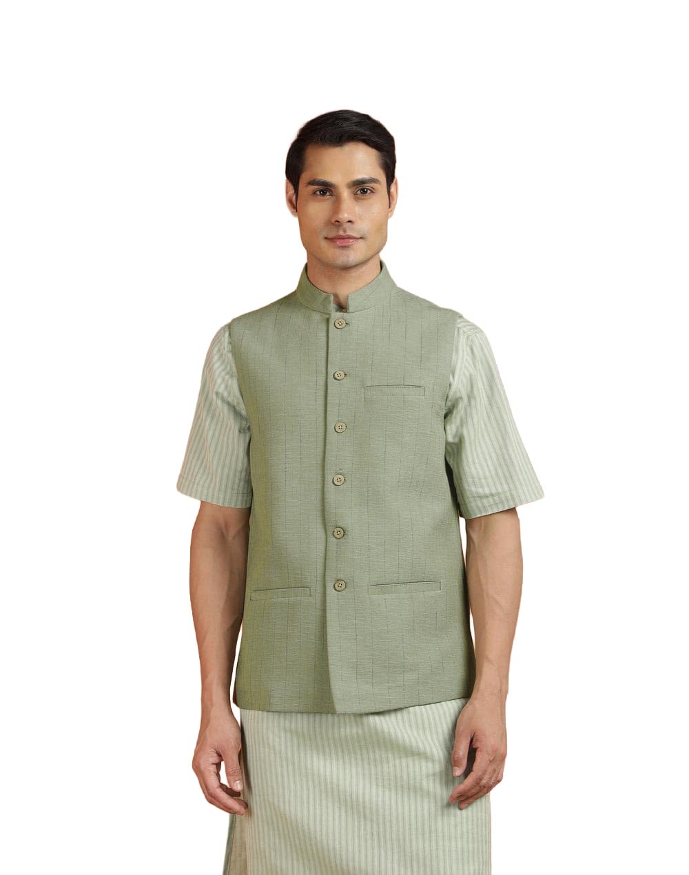fabindia Green Cotton Stripe Nehru Jacket-picture-19