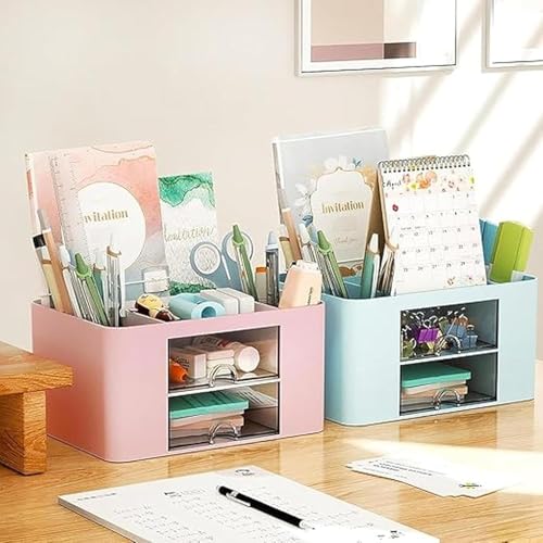 Image of Versatile Desk Organiser with 5 Compartments, 2 Drawers and Multifunctional Storage Options - Ideal for Office Supplies, Stationery and Desk Accessories, Office Organiser (Pink)