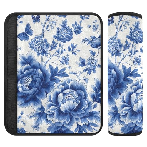 Image of Blue and White Peony Flowers Butterfly Seat Belt Cover Pad 2 Pcs Soft Cute Seatbelt Covers Protector Support Head Neck Shoulder Strap for Car Seats High Chair Backpack for Adults Kids Women Men