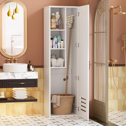 MSFE Placard à Balai 40 cm,Armoire de Nettoyage Meuble Rangement,Armoire Multifonction Pratique pour Aspirateur Balai,Bois Meuble de Rangement Produit...