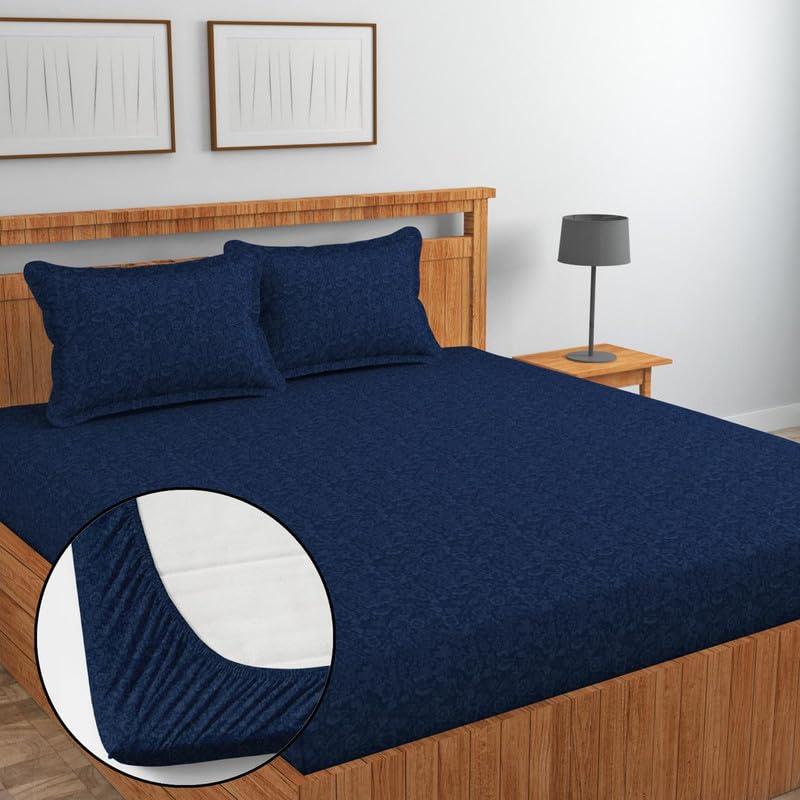 Image of Jashan Glace Cotton All Around Elastic Fitted Elegent Self Flower Print Queen Size Double Bed Bedsheet with 2 Pillow Covers Fits Upto Mattress of 10 Inches,Size - 72 x 78 x 10 Inches - Navy Blue