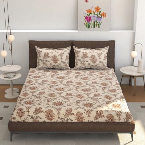 Image of Castiqa Elastic Fitted Supersoft Premium Polycotton 200TC Super King Size 108x108Inch Jointless Bedsheet with 2 Pillow Covers (Damask, Super King 108x108inch (12 inch Mattress))