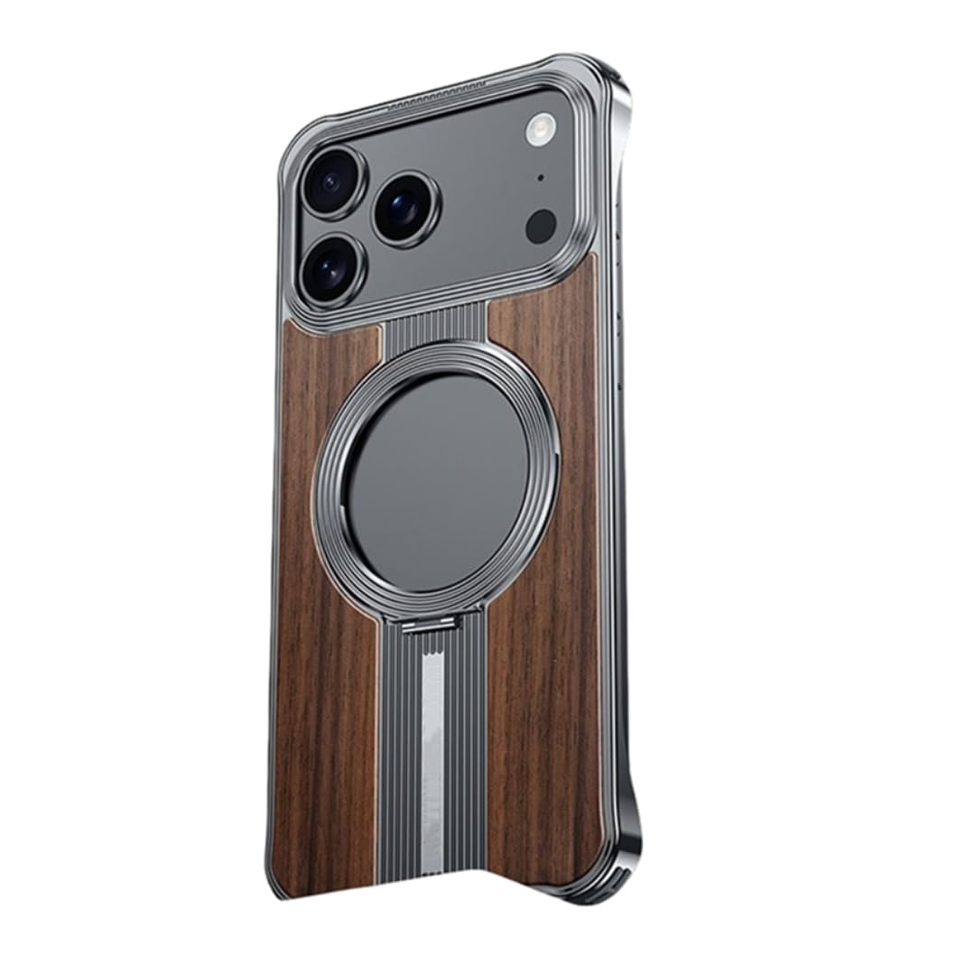 Etui magnetyczne do ładowania iPhone'a 17 Pro, bezramkowe, solidne, z metalową podstawką (do iPhone'a 17 Pro/drewno orzechowe)