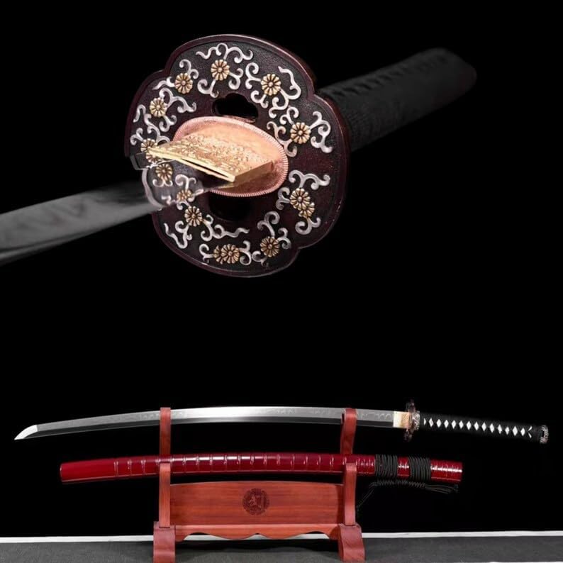 Espada samurái japonesa Katana hecha a mano con arcilla T10 de acero templado y espada de latón Haemanthus Tsuba y madera Saya para pasatiempo