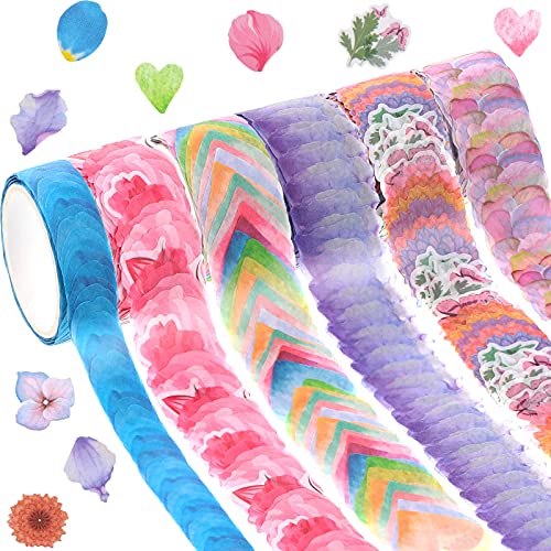 6 Roll Flower Petal Washi Tape 200 Petals Writing Washi Tape Floral Shape Tape DIY Petal Stickers Decorative Decals Tape for Scrapbooking Card Mail Diary Planner Decoration (Charming Style)