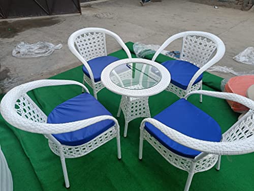 Image of Anaya Decor D-12 Chairs Table Set 4+1 Wicker Patio Furniture Sets 4 Chair and 1 Table with Cushions for Garden Balcony Bedroom Powder Coated Frame Uv Protected Wicker (White+Blue)