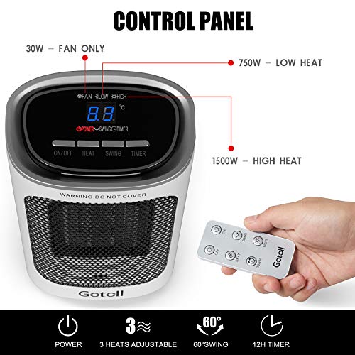 Gotoll Keramische ventilatorkachel met afstandsbediening, PTC-keramische verwarming, 3 standen, oscillatie, elektrische… - Image 4