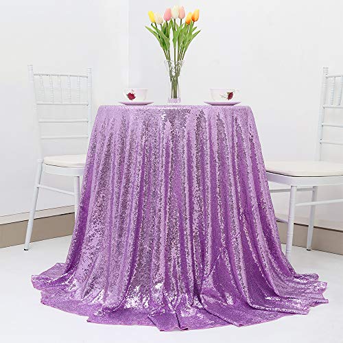 Image of B-COOL Sequin Tablecloth Round Party Decorations: 90 Inch Tablecloths Lavender Overlay Shimmer Fabric for Indoor Outdoor Gathering Parties