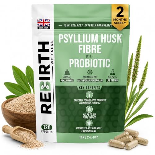 Psyllium Husk Fibre Supplement 4000mg with Bio Culture Acidophilus 120 Capsules High Fiber Supplement for Digestion & Gut Health 3rd Party Lab Tested UK Made by Rebirth Wellness