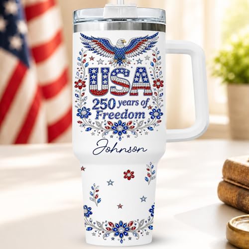 Image of Personalized 250th Anniversary Of America Tumbler - Custom Patriotic USA Flag 1776-2026 Gifts - US Eagle Freedom Cup 40oz A5 - American Independence Celebration Gifts For Men Women