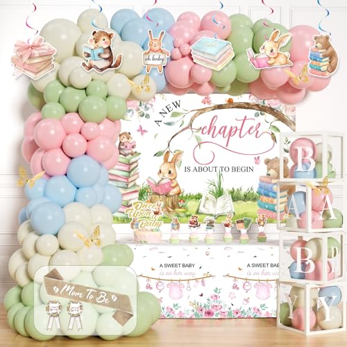Decoraciones de baby shower de libro de cuentos con telón satinado de niña