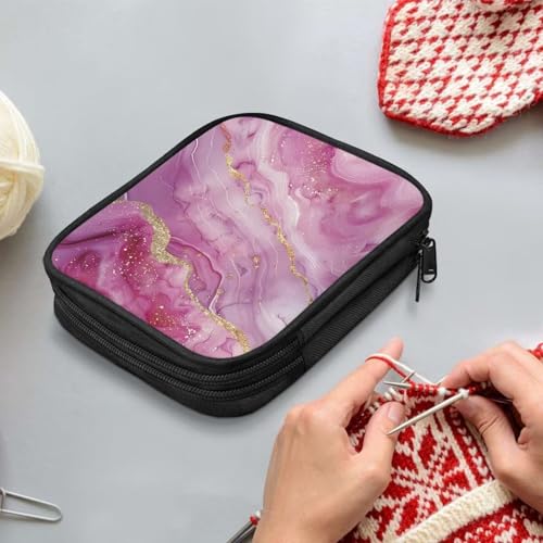 Image of Crochet Hook Case Pink Marble Crochet Hook Holder Portable Crochet Hook Storage Bag with Web Pockets Suitable for Crochet Needles /Knitting Accessories