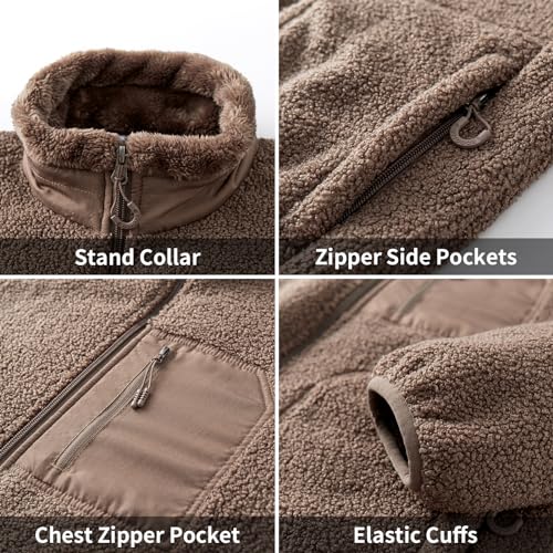 Image of PEGENO Men's Fuzzy Sherpa Warm Fleece Jackets Stand Collar Teddy Velvet Full Zip Outdoor Winter Soft Coat With Pocket,01 Brown,XXL