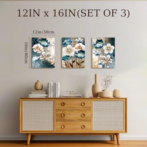 SERIMINO 3 Piece Lotus Flower Canvas Wall Art for Living Room, Blue Floral Picture Wall Decor for Dining Room Bedroom, Art Print Painting for Home Decorations 12"X16"