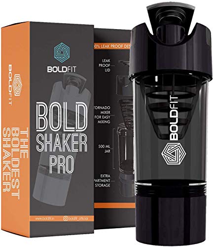 Boldfit Gym Shaker Pro Cyclone Shaker 500ml with Extra Compartment, 100% Leakproof Guarantee, Ideal for Protein, Preworkout and BCAAs, BPA Free Material Sipper Bottle (Black, Plastic, Pack of 1)