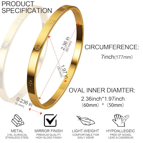 AICase 18 K Gold Plated Love Bangle Bracelet Dupes Sets(Gold/Rose Gold/Silver) Stack Wide Wristband Bangle Nail Friendship Bracelet Birthday Lovely Trendy Jewelry Gifts for Women MoM Besties3