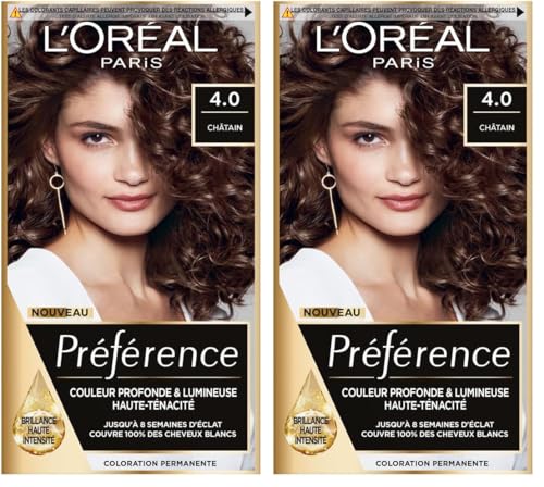 L’ORÉAL PARIS - Coloration Cheveux Permanente - Longue Durée & Lumineuse - Couvre 100% des Cheveux Blancs - Préférence - Nuance : Tahiti (4.0) - Châtain (Lot de 2)