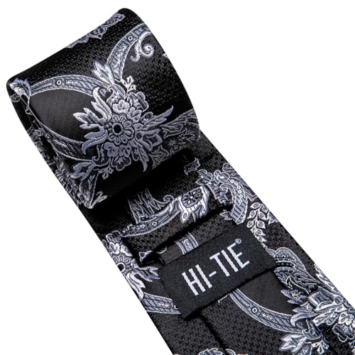 Image of Hi-Tie Men's Black and Silver Flower Tie Set Silk Jacquard Necktie Lapel Pin Pocket Square Cufflinks Sets Formal Business Wedding