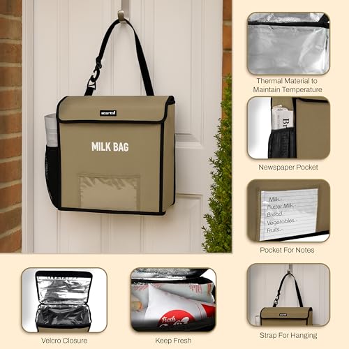 Image of Storite Milk Bag for Door Hanging - Insulated and Waterproof Storage for Milk Sachets, Bottles, Outdoor Gate Delivery Basket Box with Pocket for Notes and News Paper (Beige, Small (23x11x23cm)