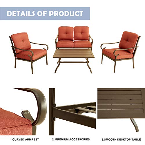 Image of LOKATSE HOME 4-Piece Patio Cushioned Furniture Outdoor Bistro Conversation Set with 1 Loveseat, 2 Single Sofa Chairs, 1 Coffee Table, Red