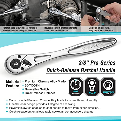 Image of DURATECH 3 /8 Inch Drive Ratchet Handle, Ratchet Socket Wrench, 90 Tooth, 8-3 /8 Inch Length, Heavy Duty, Professional Ratchets, Quick-release Reversible, Premium Chrome Alloy Made, Polish Chrome Finish