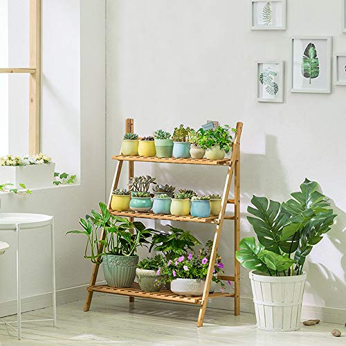 OGORI Bamboo Wood Ladder Plant Stand 3-Tier Foldable Organizer Flower Display Shelf Rack for Home Patio Lawn Garden Balcony Holder (3 tier(Large))
