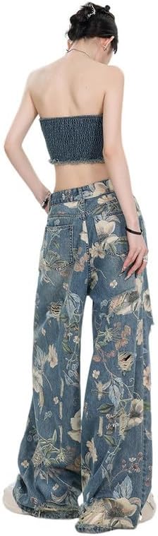 Y2K Jeans for Women Baggy Vintage Flower Ripped Pants High Waisted Grunge Coquette Jeans Straight Wide Leg Clothes - Image 4