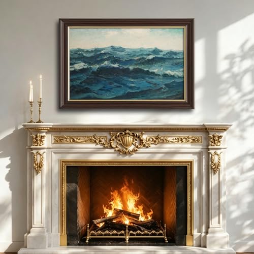 Image of Framed Vintage Ocean Wave Canvas Wall Art, Antique Impressionist Seascape Oil Painting Prints, Teal Blue Coastal Wall Decor for Living Room Bedroom Bathroom Office