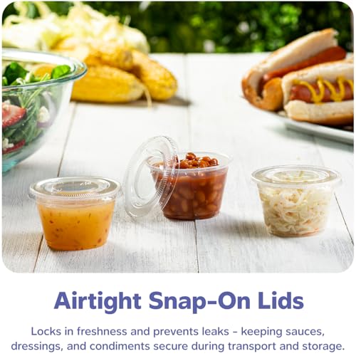 Image of GUSTO 4 oz Jello Shot Cups with Lids [100 Count] Clear Plastic Portion Containers, Condiment Cups for Sauces, Dressings & Samples - Durable, Stackable, Leak-Resistant (Formerly Comfy Package)