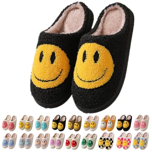Opiniones y reviews de Happy Men , listamos los 10 mejores. 41 Smile Face Slippers for Women Men Happy Face Slippers Retro Soft Plush Warm Slip-On Slippers Cozy Indoor Outdoor Slippers (Black,26.5 cm)