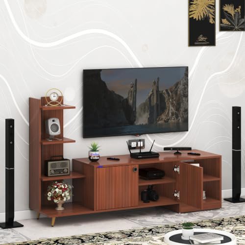Image of Anikaa Moracca Engineered Wood Floor Standing Modern TV Unit with Side Shelves and 2-Door Cabinet & Open Storage Box Up to 43 inch Entertainment Units | for Living Room | Walnut Finish | DIY-Installation