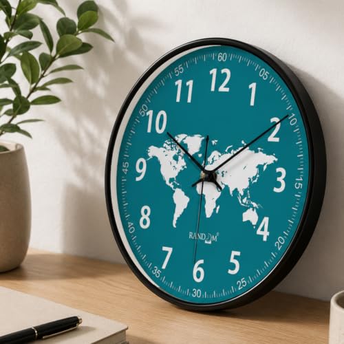 Image of RANDOM Black Plastic World Map Print Sweep Silent Round Battery Operated Analog Wall Clock for Home Office, Living Room, 32 cm