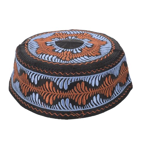 LOGOFUN Embroidered Saudi Arabia UAE Hat for Kids Breathable Traditional Ethnic Style Muslim Cap with Blue Floral Design on Black Base