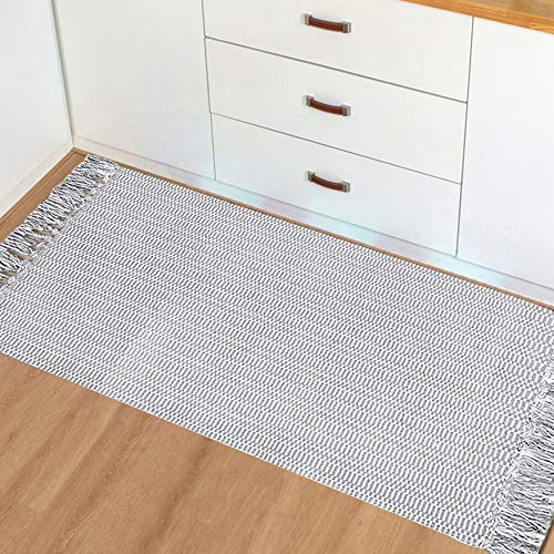 Boho-Küchenteppich, Waschküchenteppich, Bauernhaus-Badezimmerteppich, hellgrau, Baumwolle, gewebte Quasten, Teppich für Tür, Schlafzimmer, Wohnzimmer, Waschküche (0,6 m x 1,3 m) Cover