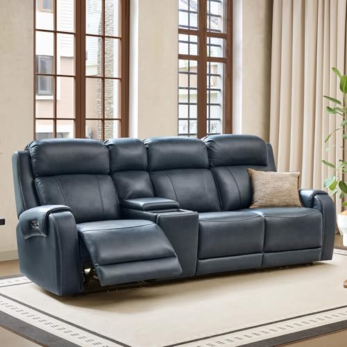 Image of CHITA Genuine Leather Power Recliner Sofa, 3 Seater with Console, Navy