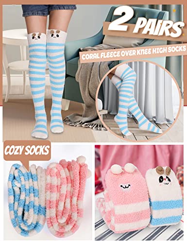 Image of MOGGEI Womens Thigh High Fuzzy Socks Warm Winter Over Knee High Long Striped Fluffy Cozy Fleece Socks 2 Pairs