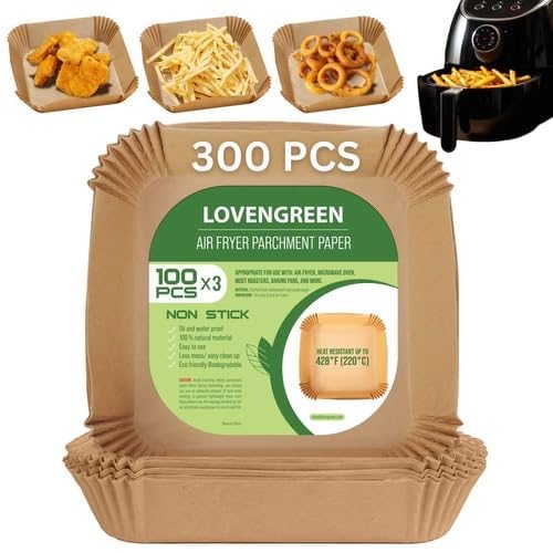 LOVENGREEN | 300 Bulk | 3-100 pc Packs | 7.9 Inch Square Air Fryer Liners Disposable | Unbleached | Parchment Paper Basket Liner for Ninja, Cuisinart, Cosori, Instapot, Phillips Most Brands |