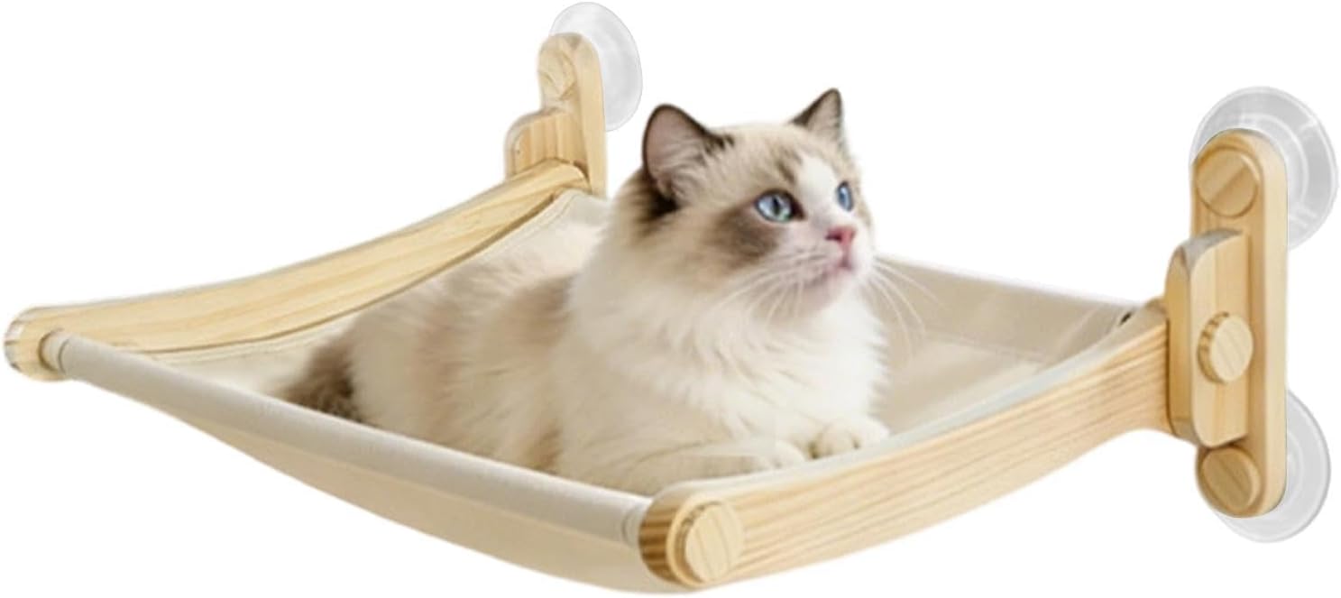 Sturdy Window Perch - Suction Cup Cat Seat, Wooden Bed with Secure Attachment, Kitten Resting Spot with Natural Material, Indoor Cats Home Apartment, Living Room for Bedroom Corner