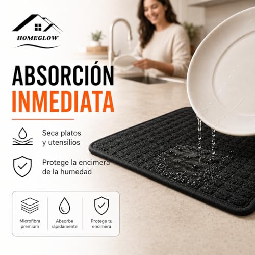 Miniatura 3 de Homeglow Alfombrillas Escurreplatos De Microfibra Negra 51x38 Cms Pack De 2 Antideslizante Y Absorbente Para La Encimera De Cocina Secado De Platos, Vasos, Cubiertos Y Utensilios Delicados 2