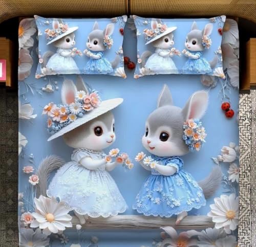 Image of Premium 7D Digital Printed Cotton Flat Bedsheet (90 X 100) Inch with 2 King Size Pillow Covers -300 TC Fabric, Design & Superior Comfort Double Bedsheet for Double Bed (Sky - Bunny Pattern)