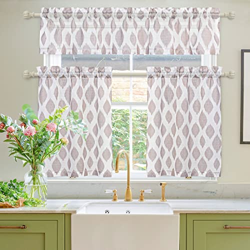 MYSKY-HOME-Semi-Sheer-Kitchen-Curtains-Valance-and-Tiers-Set-Jacquard-Rod-Pocket-Farmhouse-Window-Curtains-Brown-36-inch-Length-3-Piece-Set MYSKY HOME Semi Sheer Kitchen Curtains Valance and Tiers Set Jacquard Rod Pocket Farmhouse Window Curtains Brown 36 inch Length 3 Piece Set