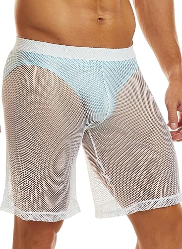 MIZOK Men's Sexy Fishnet See Through Shorts Loose Mesh Lounge Underwear
