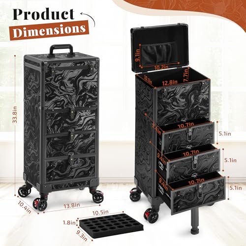 Image of Rolling Makeup Train Case with Drawers Cosmetology Case on Wheels | 4 in 1 Large Cosmetic Organizer for Hairstylist,Makeup Artist Nail Trolley Cart Salon Storage Traveling Cart Trunk