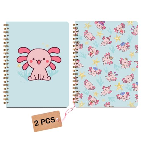 Image of 2 Pcs Axolotl Spiral Notebooks for Work, Axolotl Gifts for Women, A5(8.3x5.8inch) Composition Notebook College Ruled Note Book, Cute Animal Hardcover Notepads Diary Lined Travel Journal for Writing