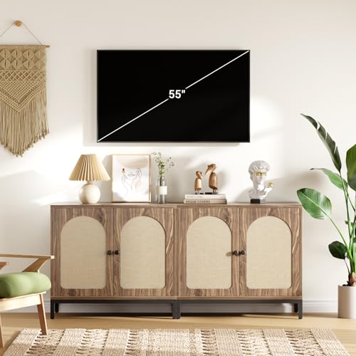 GarveeHome Rattan Sideboard Buffet Cabinet, Kitchen Storage Cabinet with Adjustable Shelf for Living Room, Hallway, Dark Brown