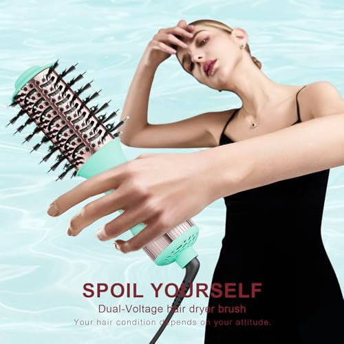 Image of Travel Dual Voltage Hair Dryer Brush Essentials for Women- 2 inch Oval Size Brush Blow Dryer Portable Mini Hair Curler /Straightener Hair Styling Tool Accessories(Auto Dual Voltage & No Converter Needed)