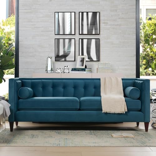 84" Modern TuxTufted Sofa, Satin Teal Blue Velvet