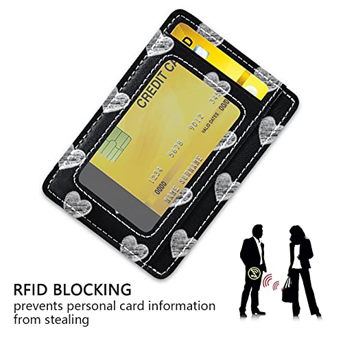 Silver Glowing White Hearts Seamless On Black Slim Minimalist Wallet, Front Pocket RFID Blocking Leather Credit Card Holder, Case Protector Covers for Men Women3