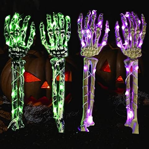 Halloween Outdoor Decorations,Lighted Skeleton Arms Stakes with 40 LED Warm White Lights Cover